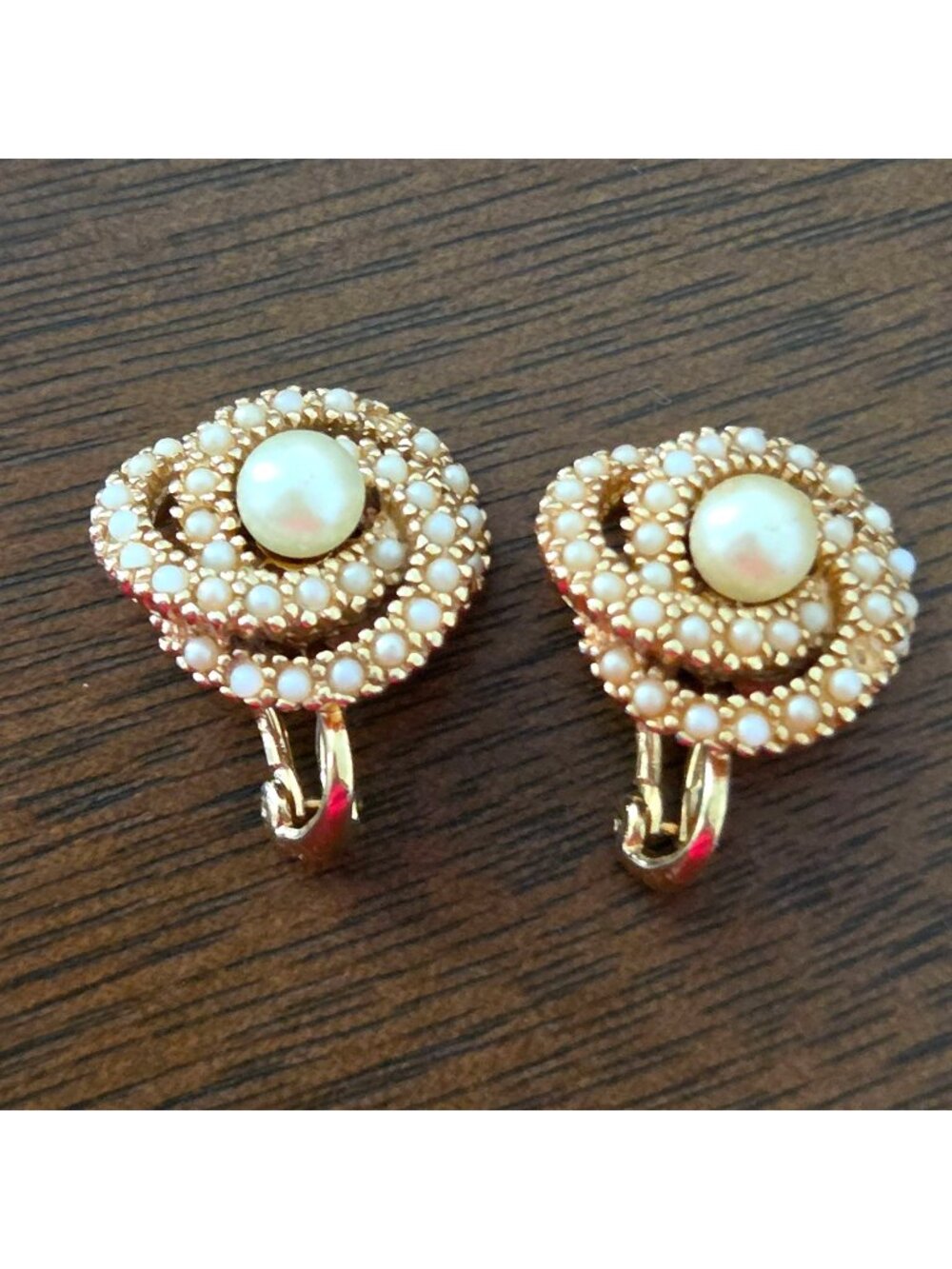 Ciner Vintage Faux Pearl Swirl Gold Tone Clip On Earrings